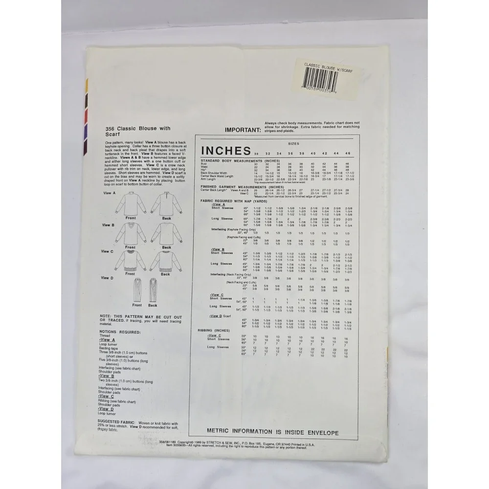 Vintage 1990s Stretch & Sew Ann Person Sewing Patterns 356 - Classic Blouse